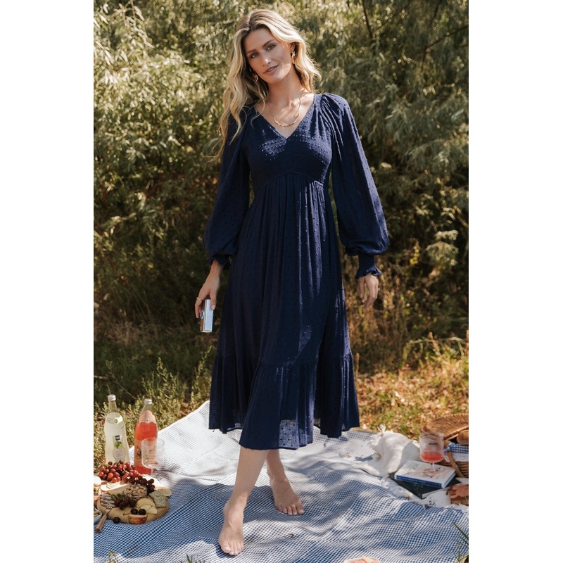 Lainey Smocked Dotted Midi Dress | Midnight Blue