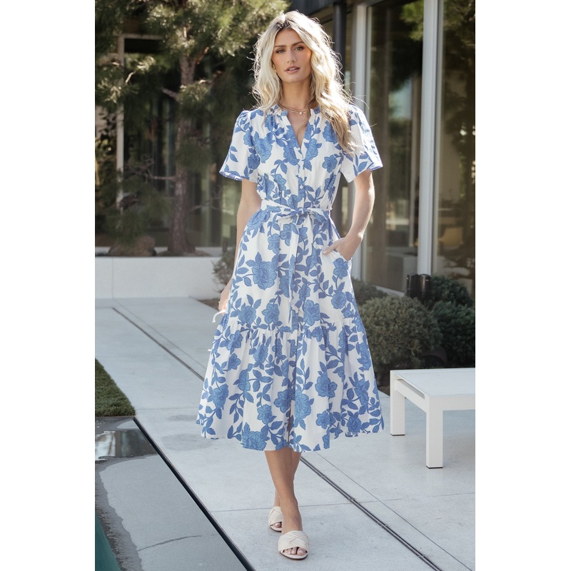 Lydie Button Midi Dress | White + Blue