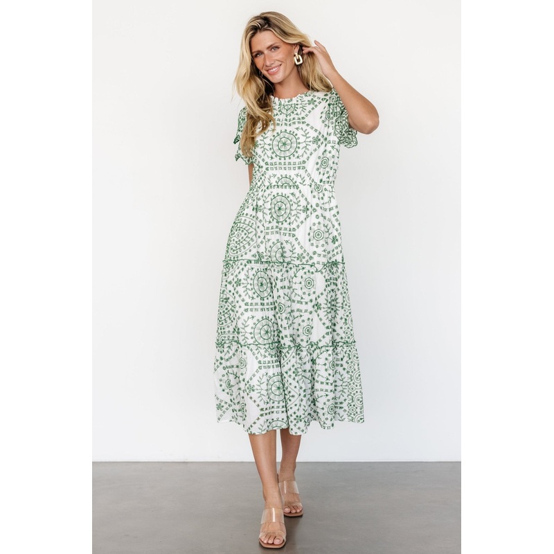 Mirabel Eyelet Midi Dress | White + Green