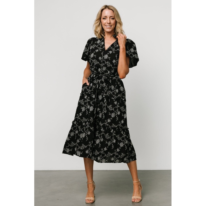 Odeya Tiered Midi Dress | Black + White