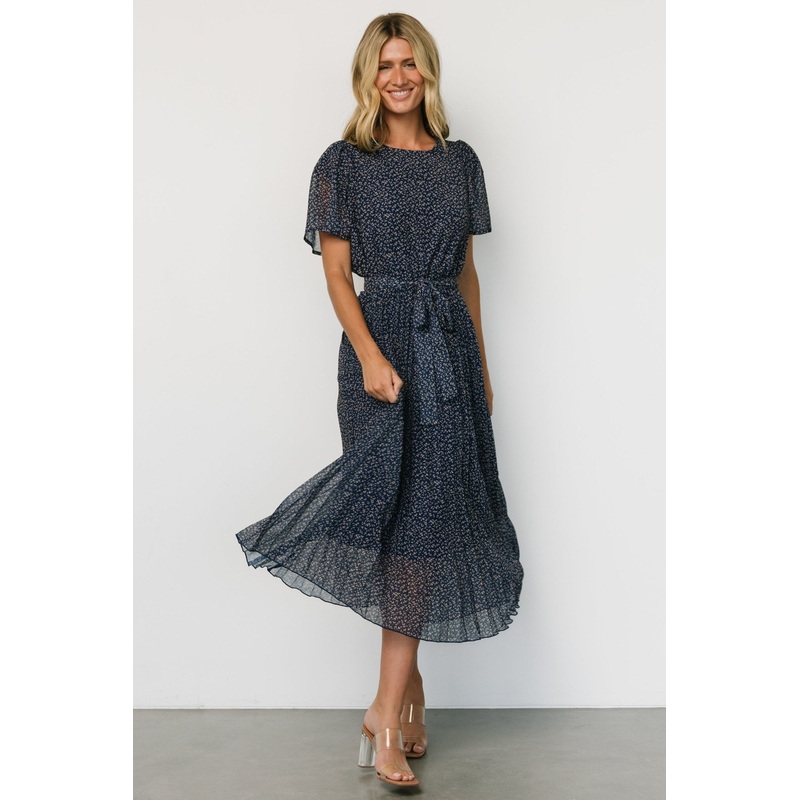 Prim Pleated Dress | Navy Print