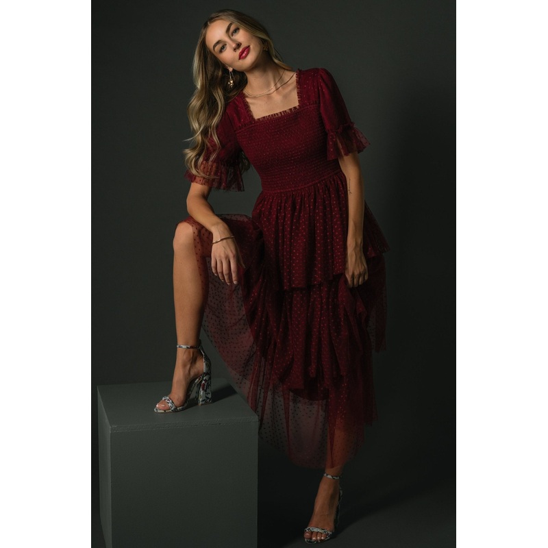 Alana Tulle Tiered Dress | Burgundy