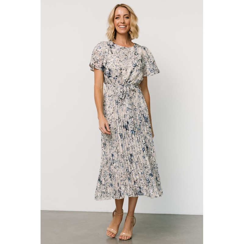 Alexandra Pleated Dress | Off White + Blue