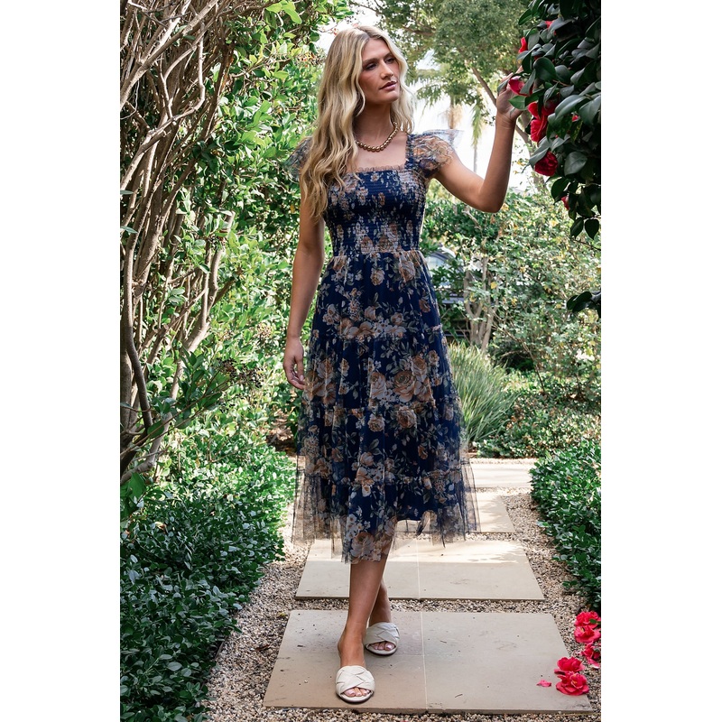 Clementine Tulle Midi Dress | Blue + Golden Floral