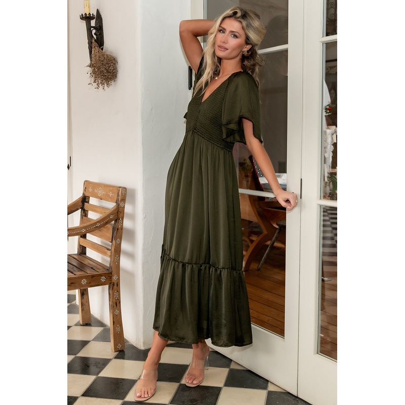 Lovell Smocked Midi Dress | Deep Olive