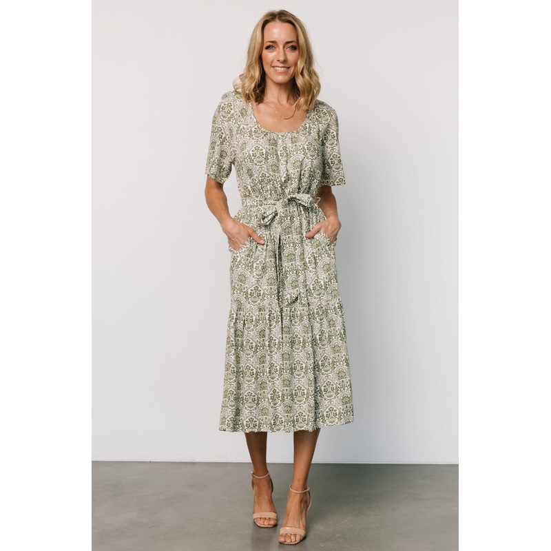 Lyla Midi Dress | White + Olive Print