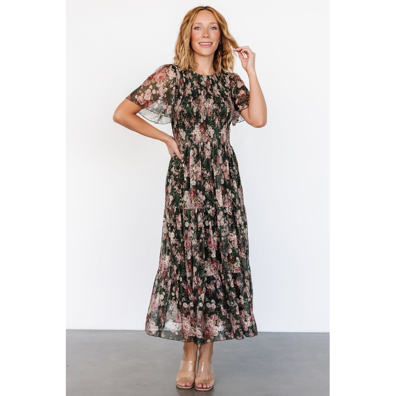 Mara Embroidered Tulle Dress | Dark Green + Blush Floral