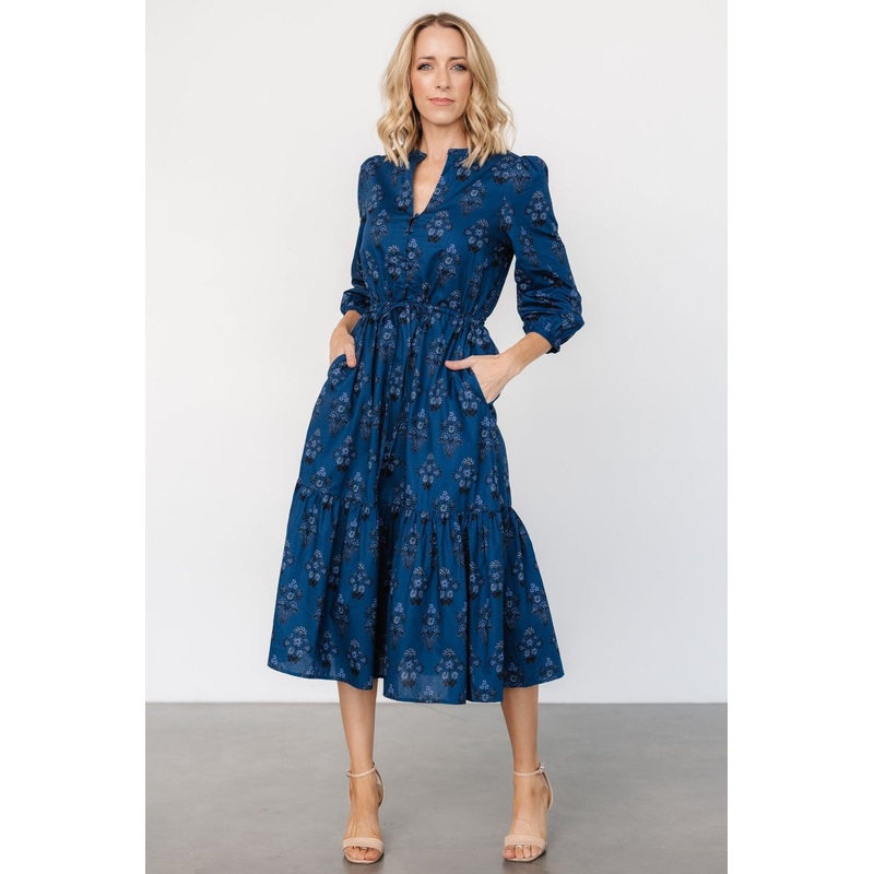 Mira Midi Dress | Deep Blue Print