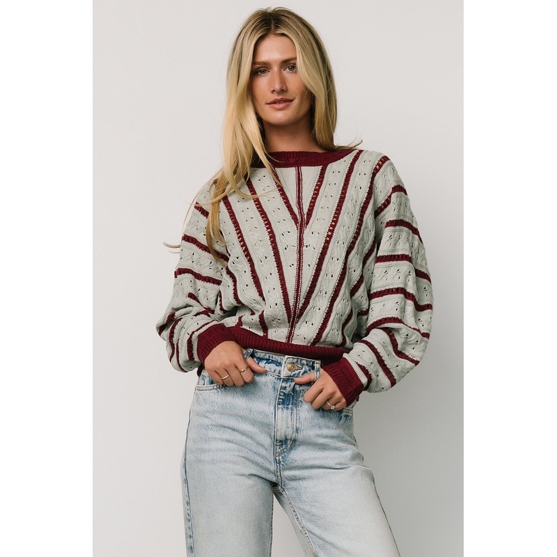 Paola Pointelle Sweater | Light Blue + Burgundy