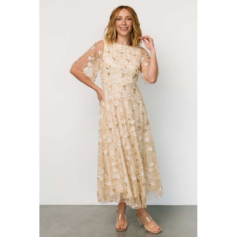 Arabella Embroidered Tulle Maxi Dress | Gold + White