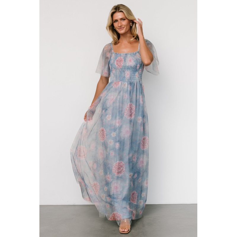 Cassandra Tulle Maxi Dress | Light Blue + Pink Floral