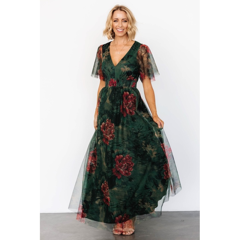 Cressida Tulle Maxi Dress | Dark Green + Red Floral