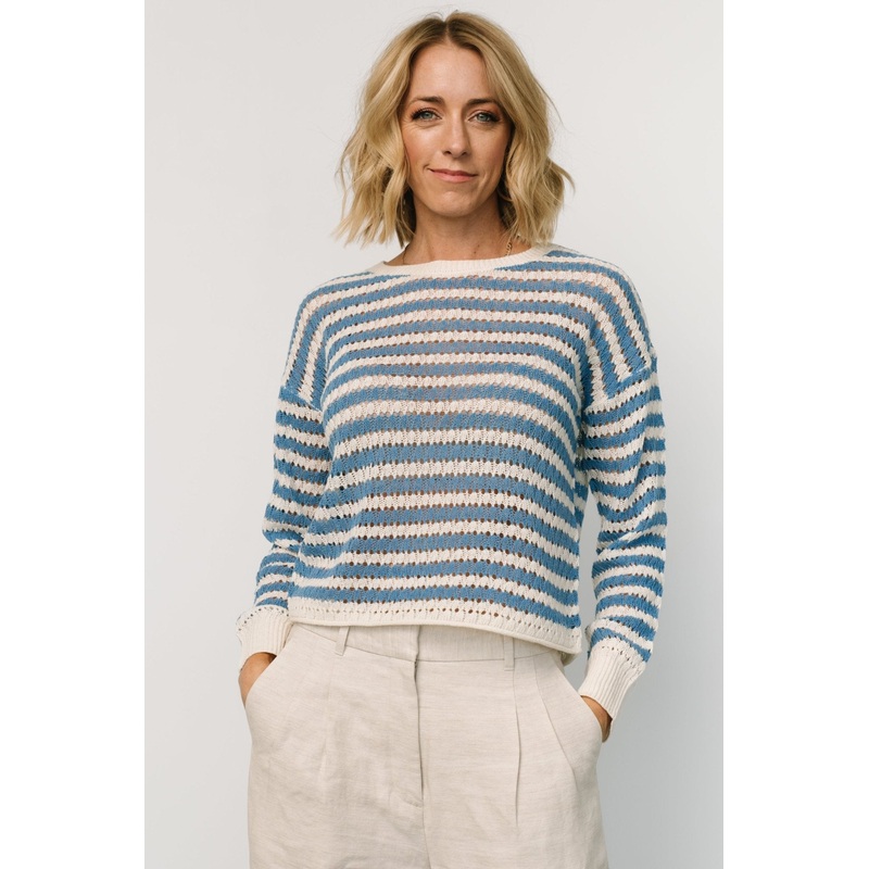 Dawn Open Knit Top | Blue + Ivory
