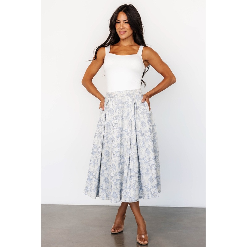 Jeanne Pleated Midi Skirt | Pearl + Light Blue