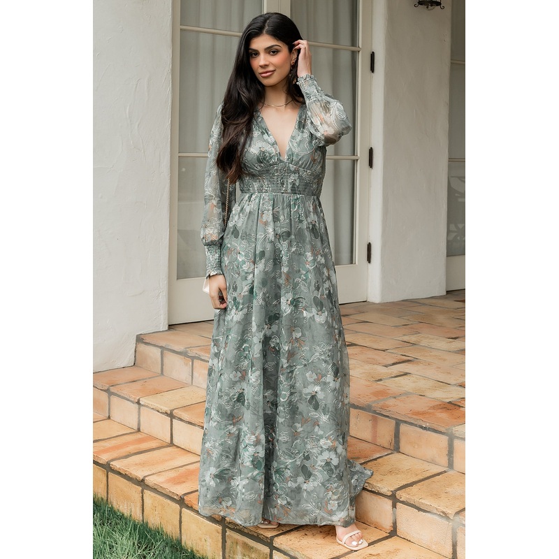Jolie Embroidered Tulle Dress | Sage + Gold Floral