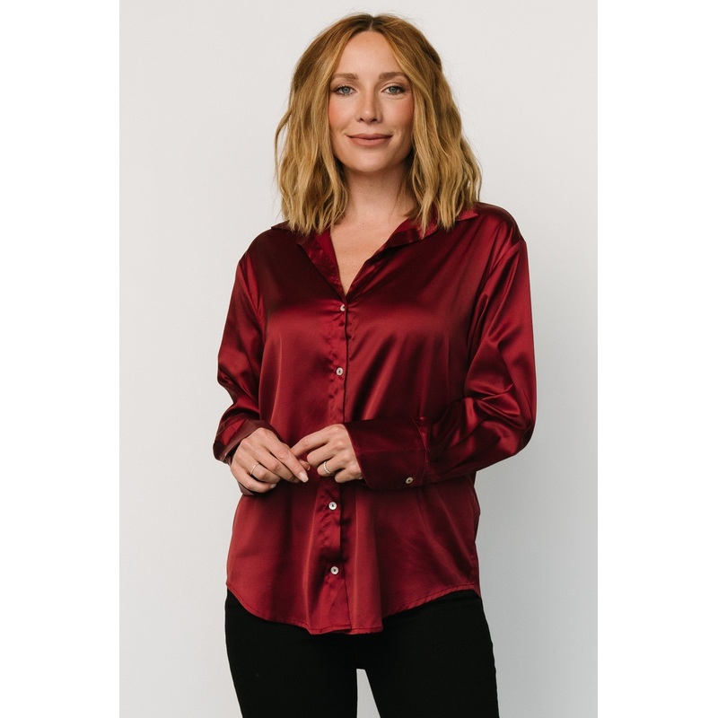Kacey Satin Button Up Top | Burgundy