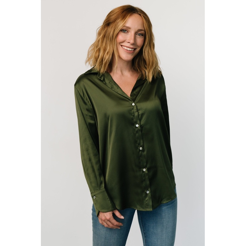 Kacey Satin Button Up Top | Dark Green