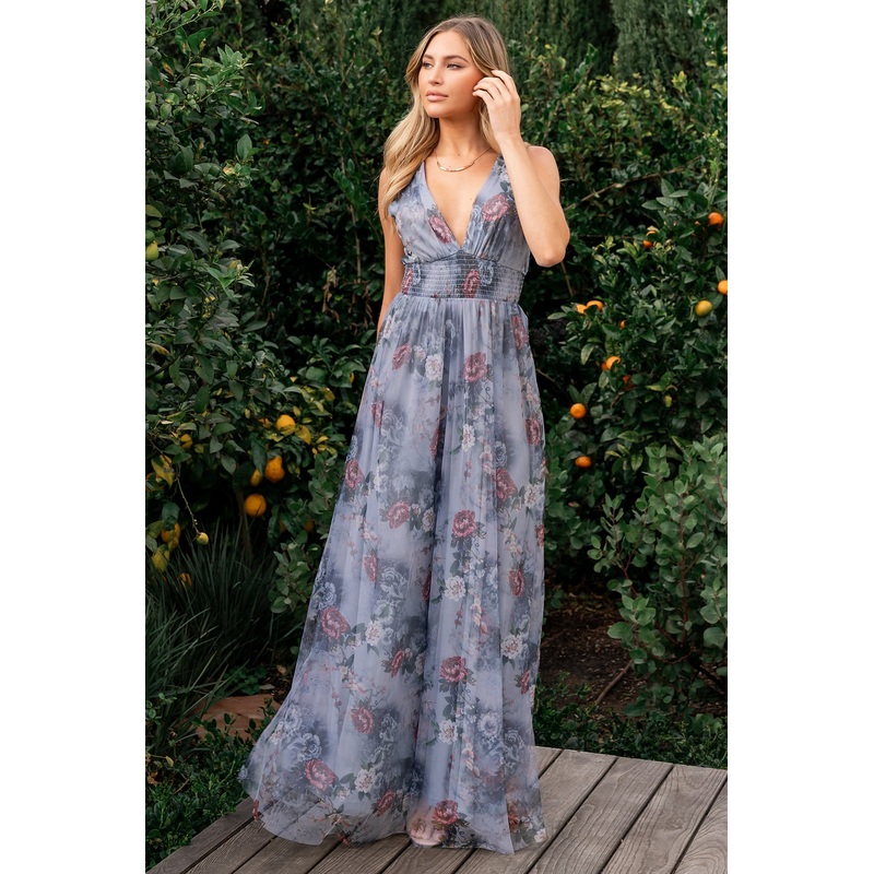 Kamila Tulle Maxi Dress | Dusty Blue Floral