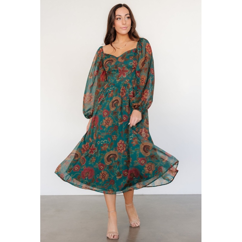 Babette Basque Waist Dress | Teal Multi Floral