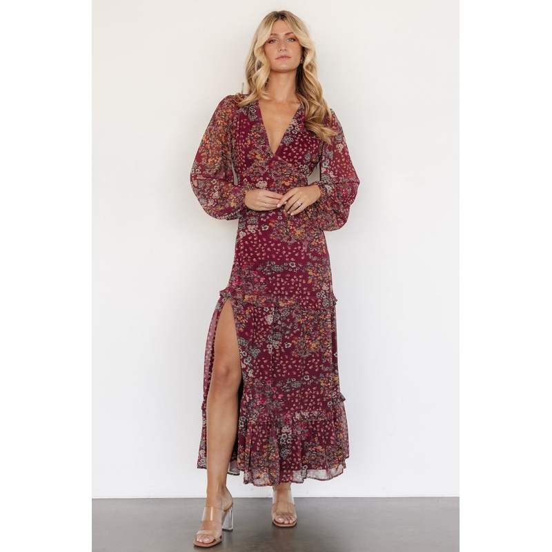 Bowman Deep V Maxi Dress | Burgundy Multi