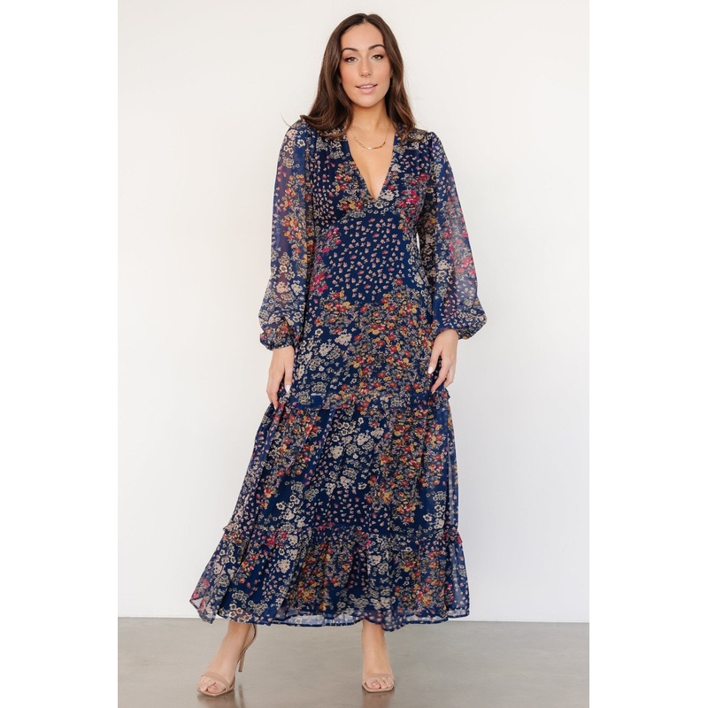 Bowman Deep V Maxi Dress | Dark Blue Multi