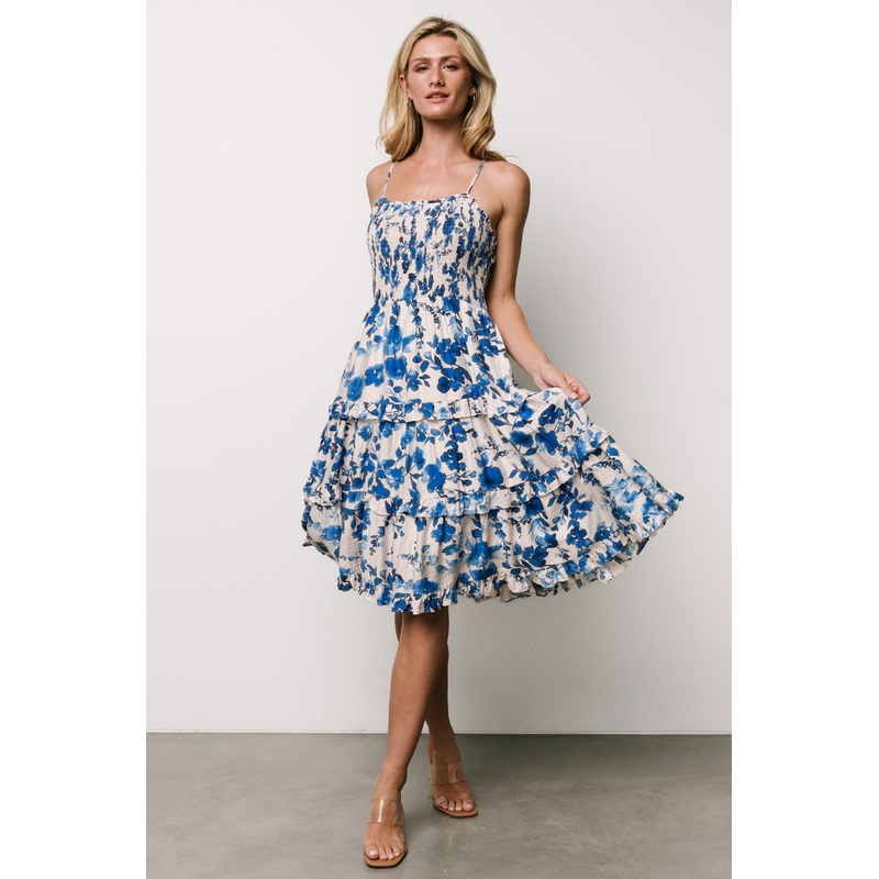 Calina Midi Dress | Ivory + Blue Floral