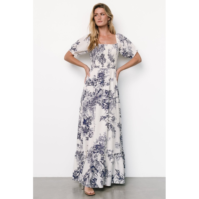 Capri Smocked Maxi Dress | Ivory + Blue Floral