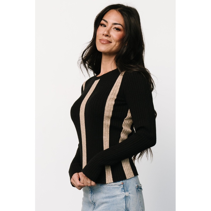 Jolene Ribbed Sweater Top | Black + Tan Stripe