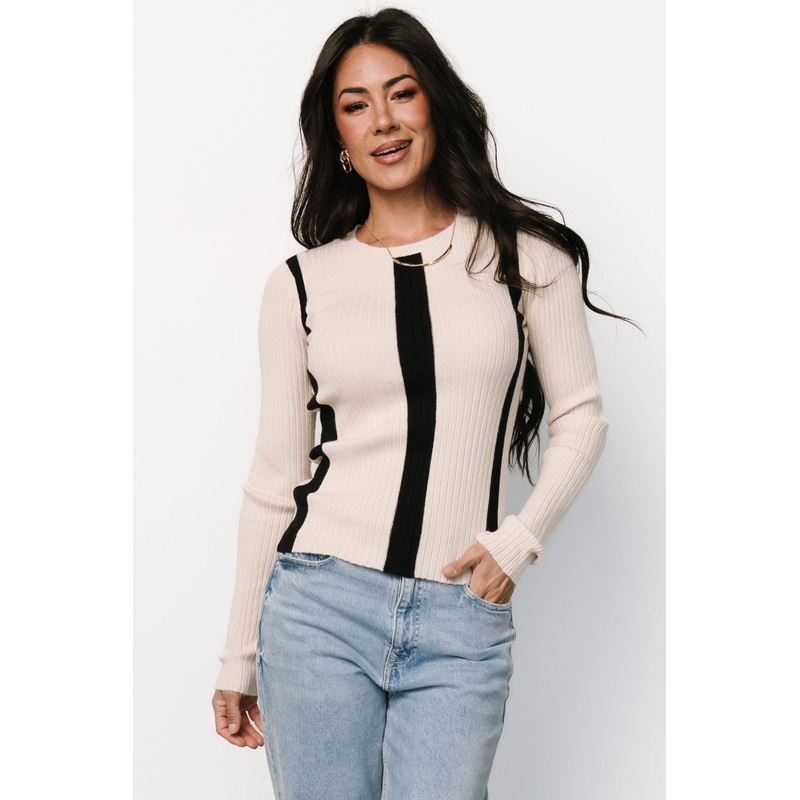 Jolene Ribbed Sweater Top | Natural + Black Stripe