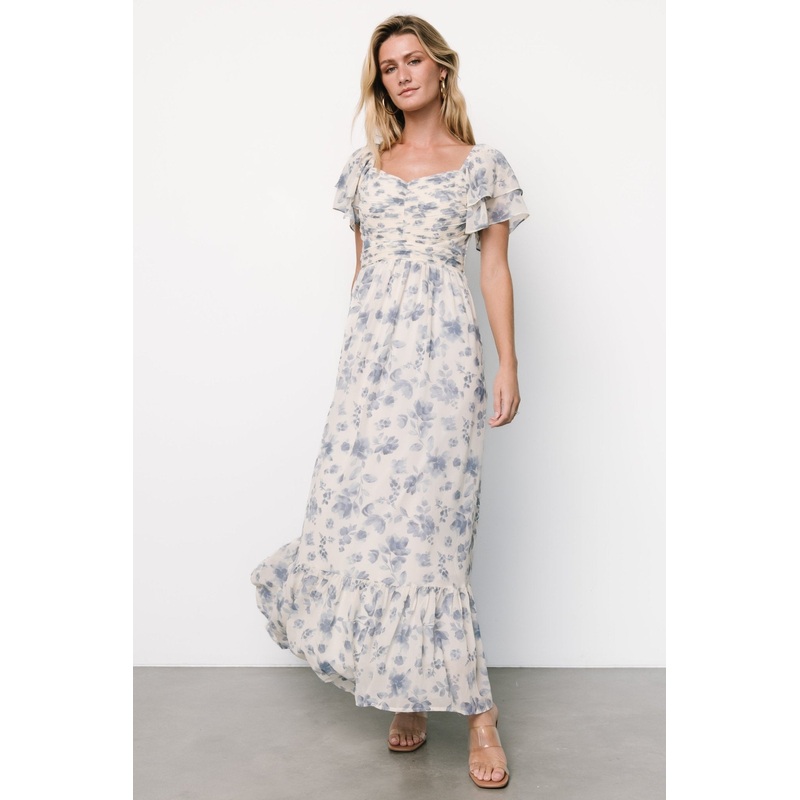 Juliana Pleated Top Dress | Ivory + Blue Floral