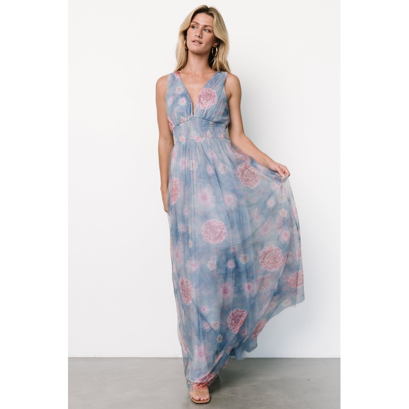 Kamila Tulle Maxi Dress | Light Blue + Pink Floral
