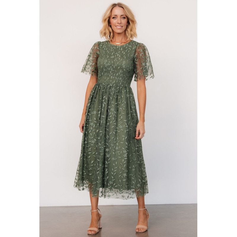 Kendra Embroidered Dress | Dark Sage