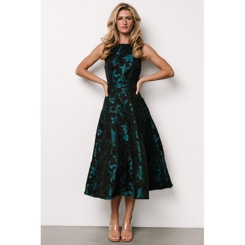 Maren Embossed Midi Dress | Black + Teal Floral