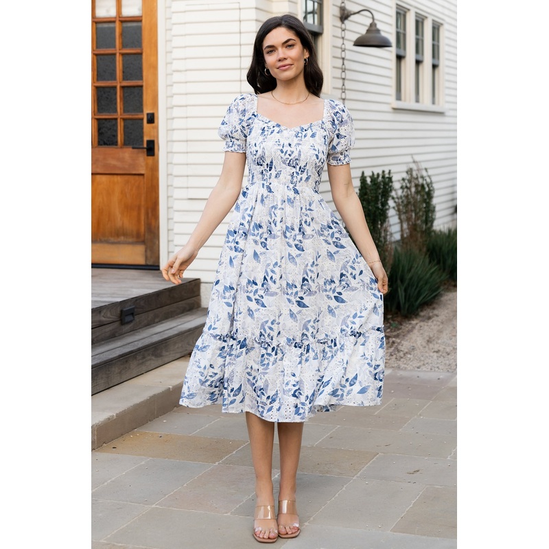 Piper Eyelet Midi Dress | Off White + Blue Floral