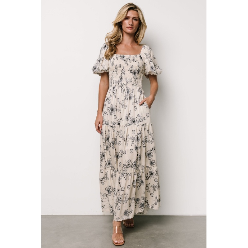 Susanna Smocked Maxi Dress | Ivory + Blue Floral