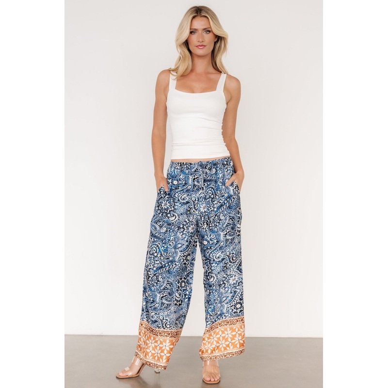 Zora Boho Satin Pants | Blue Multi Print