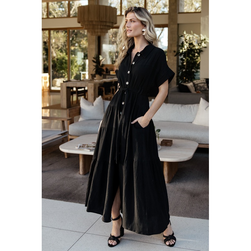 Aizey Button Up Maxi Dress | Black