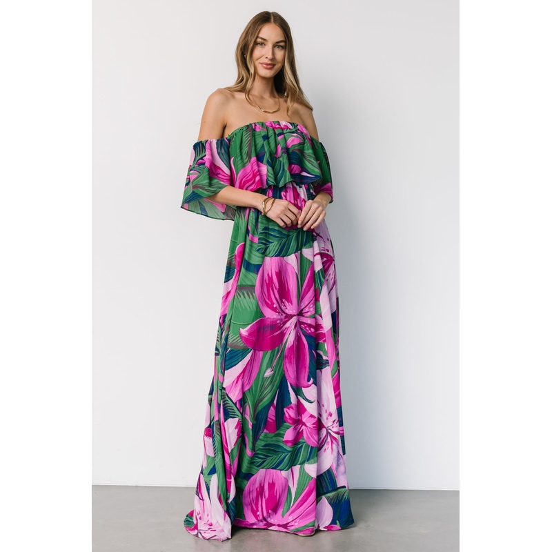 Azalea Off Shoulder Maxi Dress | Green + Fuchsia Floral