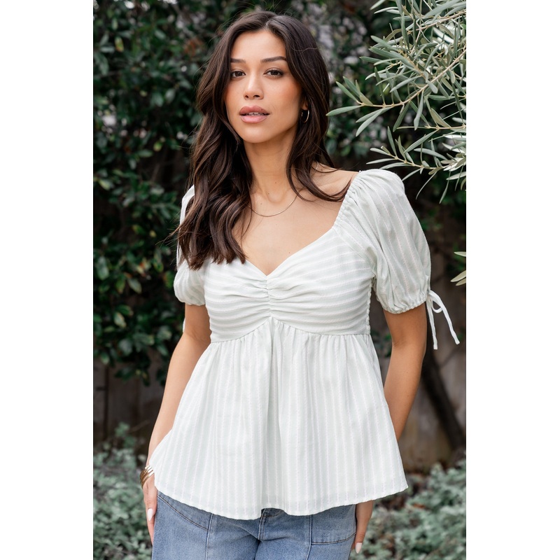 Betsy Peplum Top | Green+ White Stripe