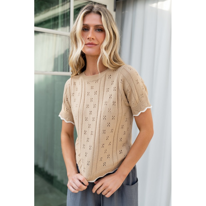 Britt Pointelle Knit Top | Natural + Ivory