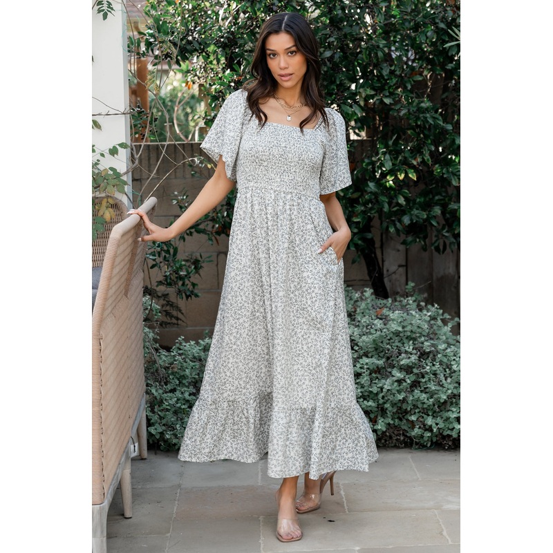 Cassis Smocked Midi Dress | Ivory + Black Floral