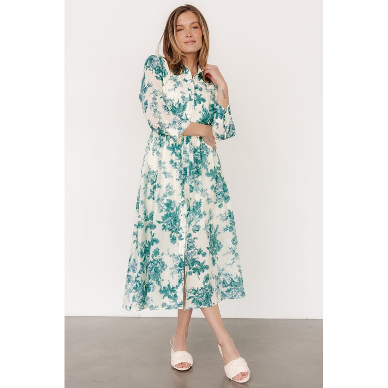 Eunice Button Midi Dress | Cream + Green Floral