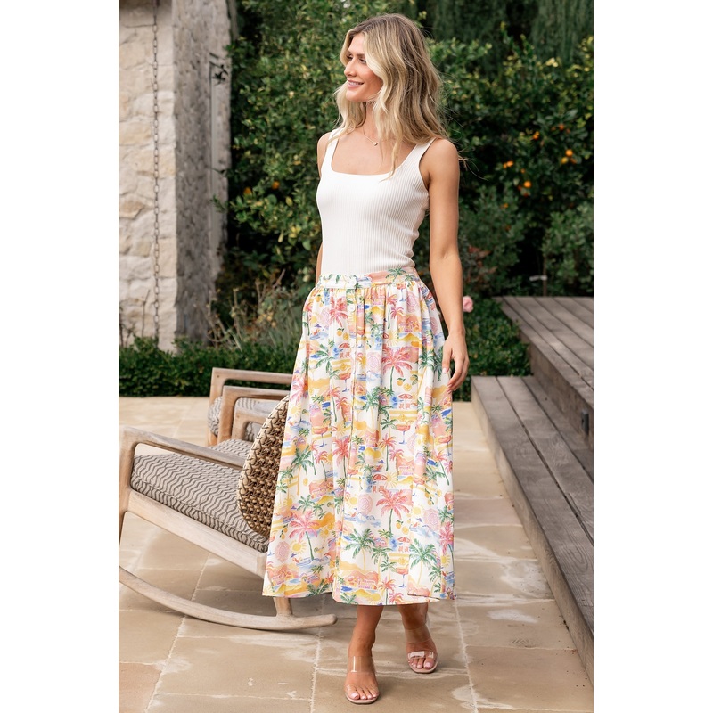 Gigi Button Midi Skirt | Off White + Multi Print