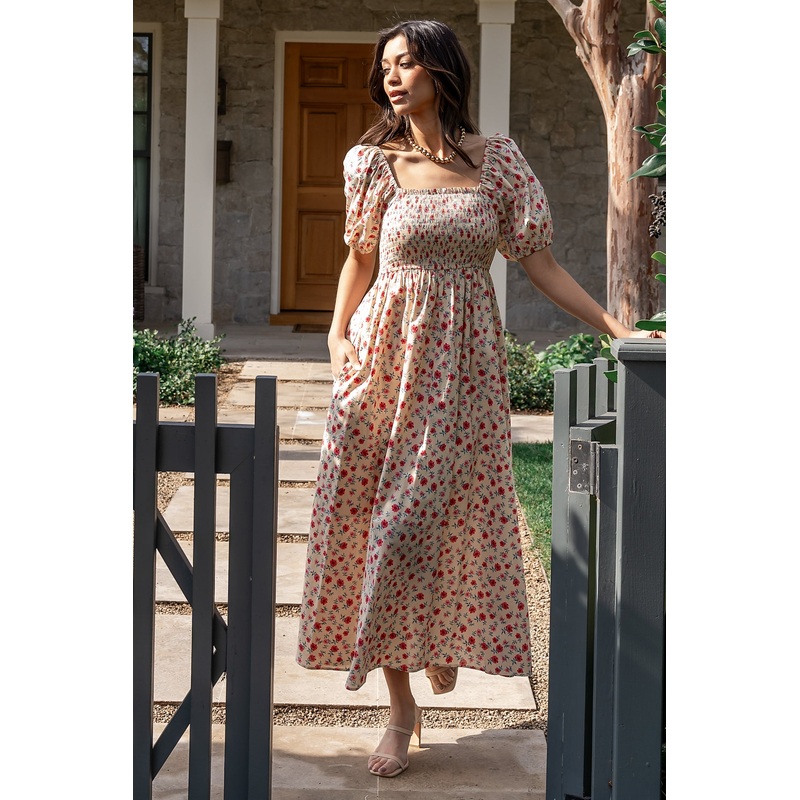 Haddie Smocked Midi Dress | Cream + Rose Floral