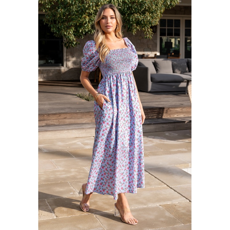 Haddie Smocked Midi Dress | Light Blue + Rose Floral