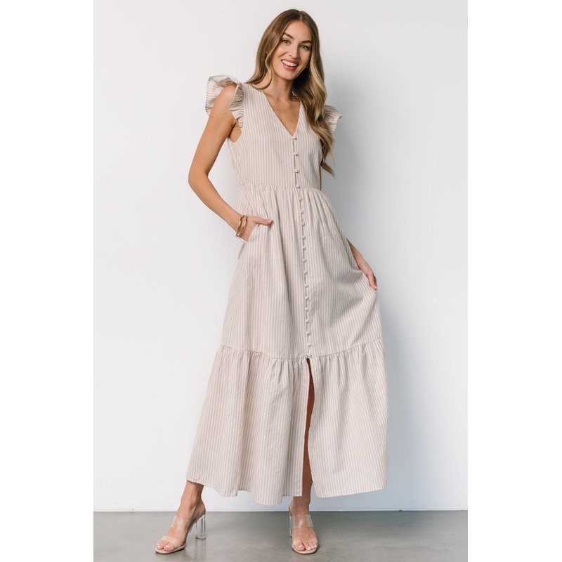 Hettie Button Maxi Dress | Beige Stripe