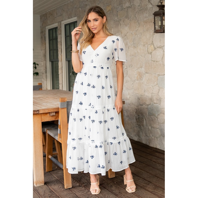 Jesenia Embroidered Dress | Off White + Navy