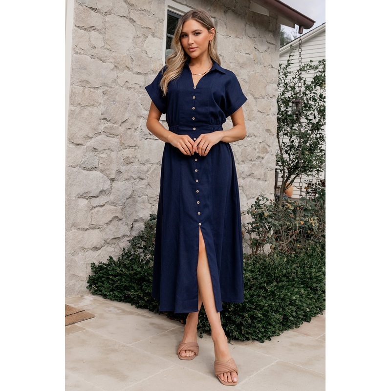 Larah Button Dress | Navy Blue