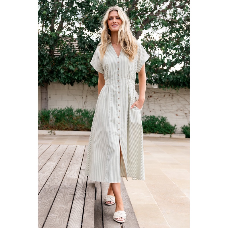 Larah Button Dress | Sage Stripe