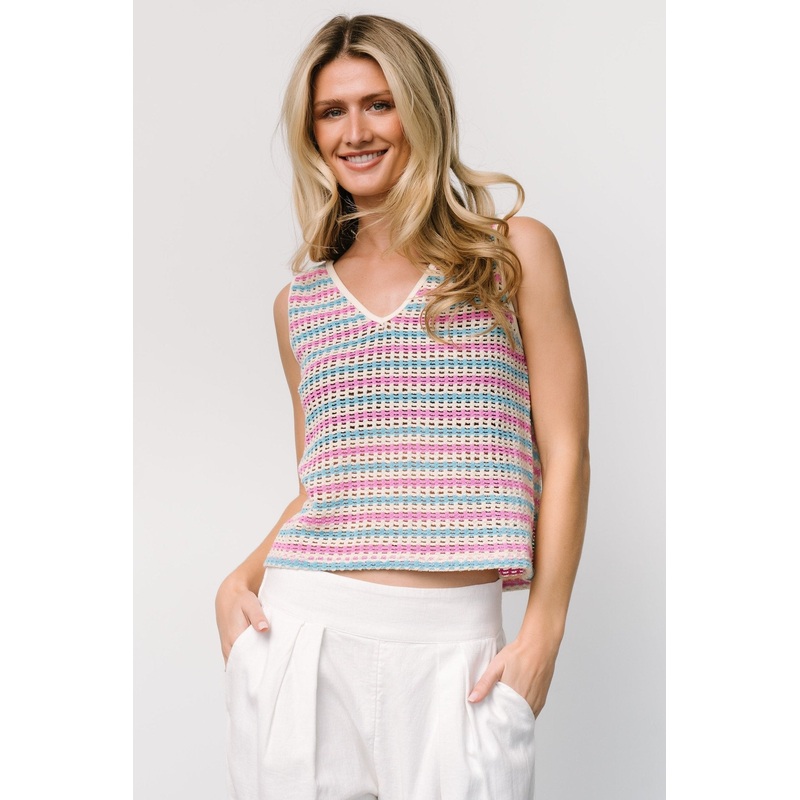 Mirella Open Knit Top | Blue + Pink Stripe
